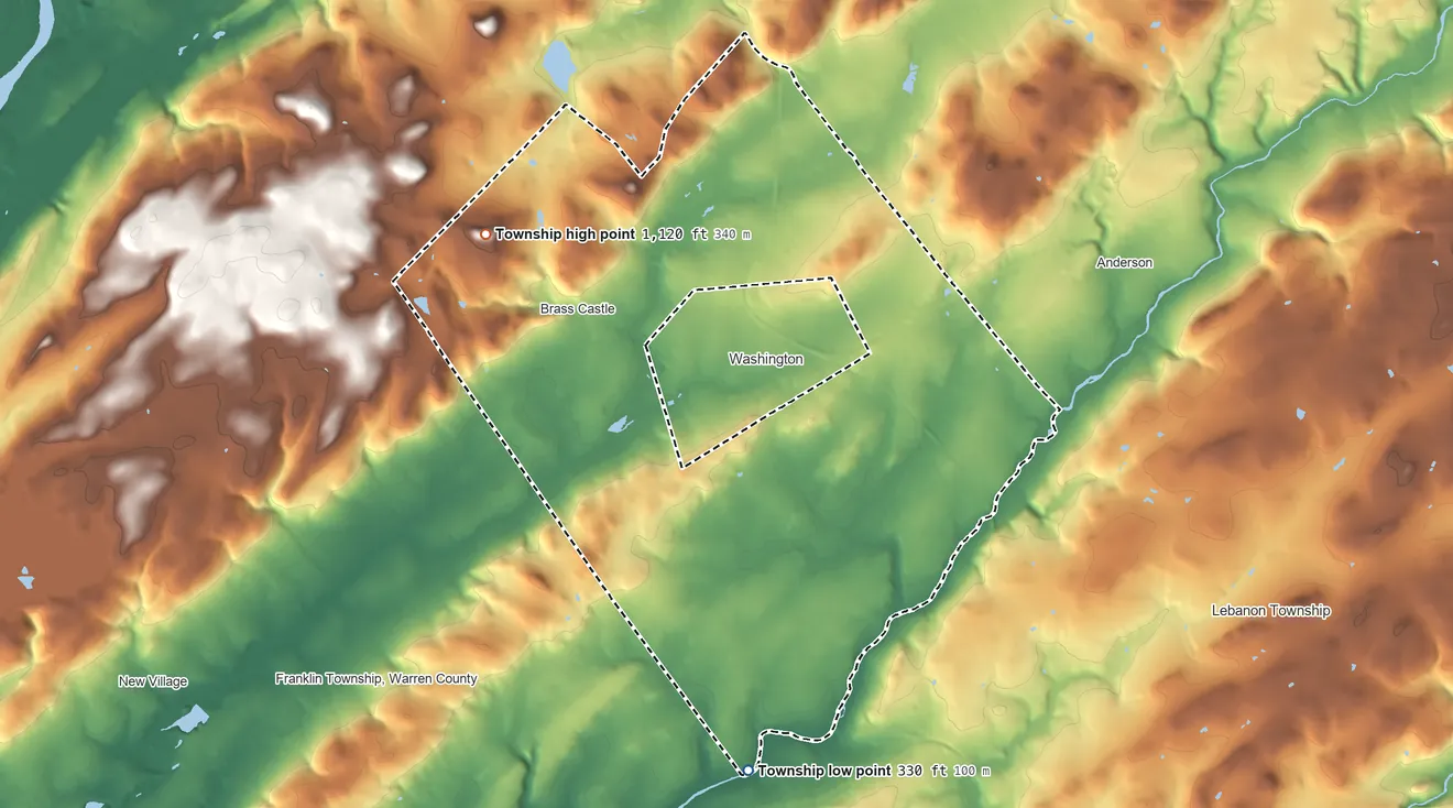 Topographic elevation map of Washington Township, Warren County, New Jersey, shaded from 330 ft on the south side to 1,120 ft on the northwest side