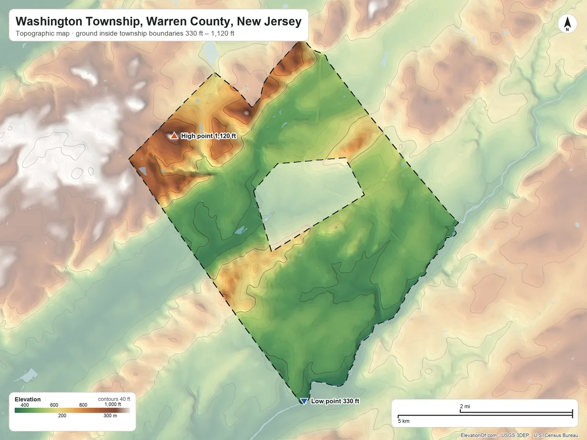 Topographic elevation map of Washington Township, Warren County, New Jersey, shaded from 330 ft on the south side to 1,120 ft on the northwest side