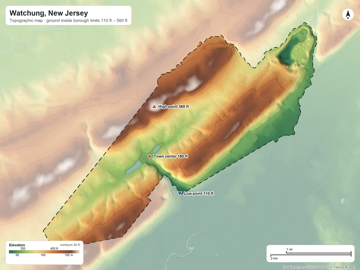Topographic elevation map of Watchung, New Jersey, shaded from 110 ft on the southeast side to 560 ft on the north side