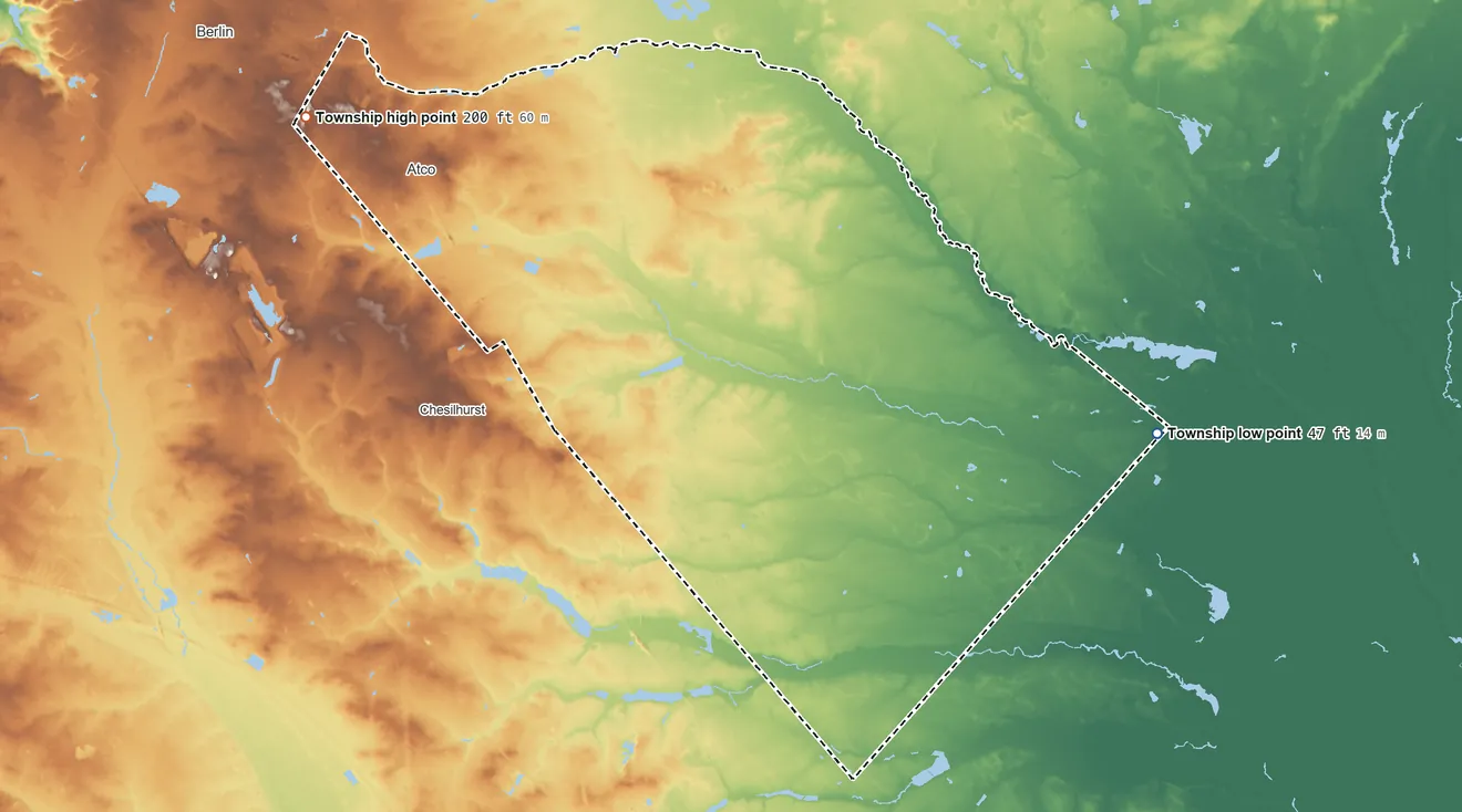 Topographic elevation map of Waterford Township, New Jersey, shaded from 47 ft on the east side to 200 ft on the northwest side