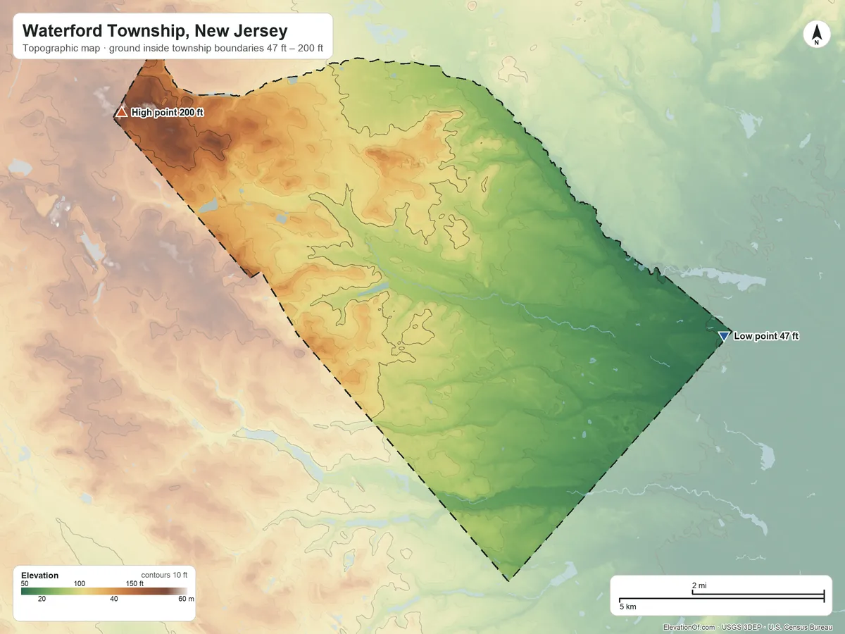 Topographic elevation map of Waterford Township, New Jersey, shaded from 47 ft on the east side to 200 ft on the northwest side