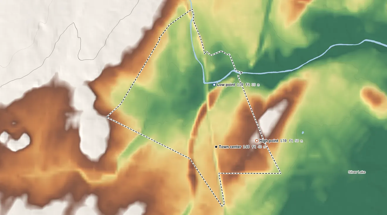 Topographic elevation map of Watsessing, New Jersey, shaded from 110 ft on the north side to 170 ft on the east side