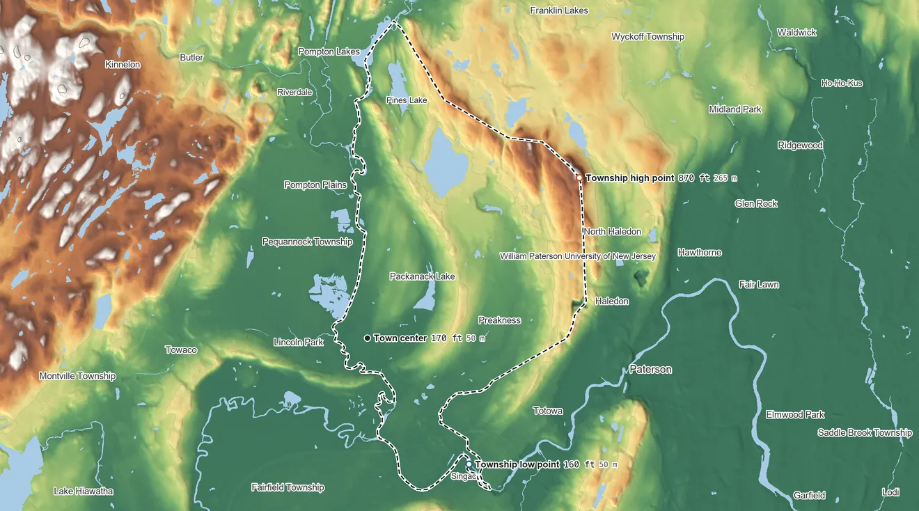 Topographic elevation map of Wayne Township, New Jersey, shaded from 160 ft on the southeast side to 870 ft on the northeast edge, below higher ground just outside