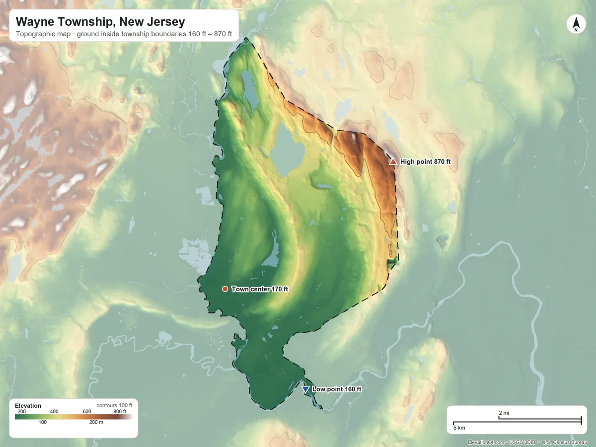 Topographic elevation map of Wayne Township, New Jersey, shaded from 160 ft on the southeast side to 870 ft on the northeast edge, below higher ground just outside
