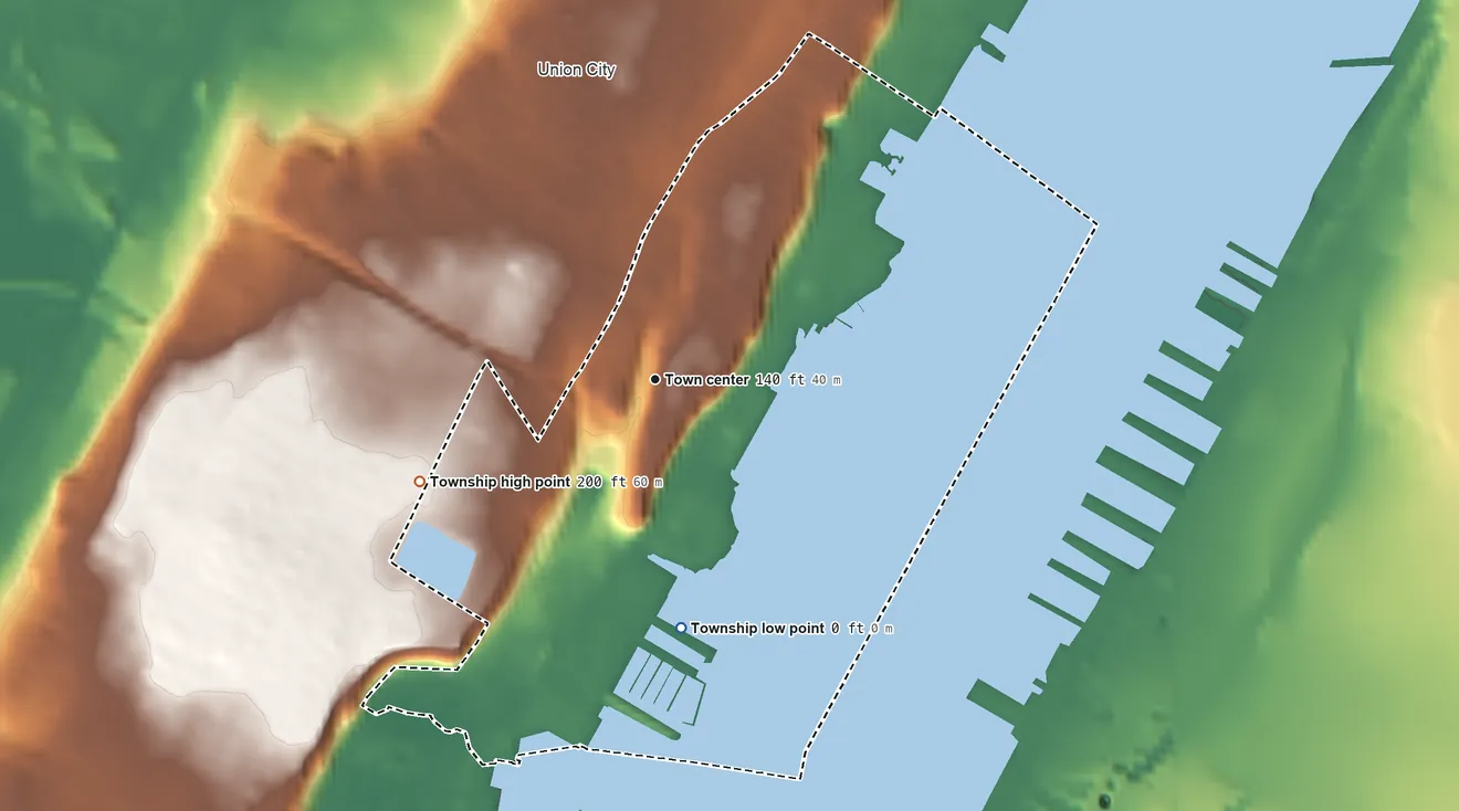 Topographic elevation map of Weehawken Township, New Jersey, shaded from 0 ft on the south side to 200 ft on the southwest side