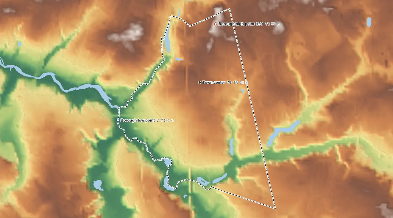 Topographic elevation map of Wenonah, New Jersey, shaded from 2 ft on the southwest side to 100 ft on the north side