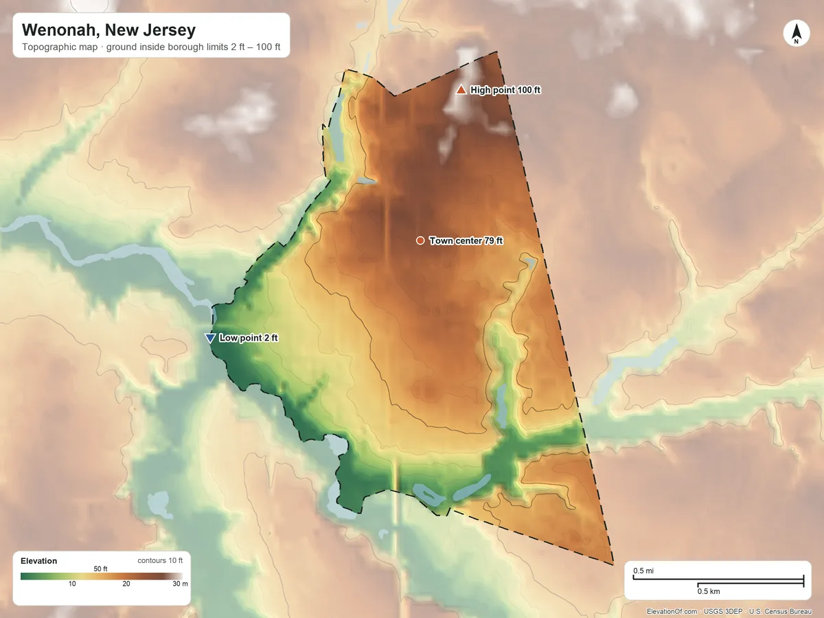 Topographic elevation map of Wenonah, New Jersey, shaded from 2 ft on the southwest side to 100 ft on the north side