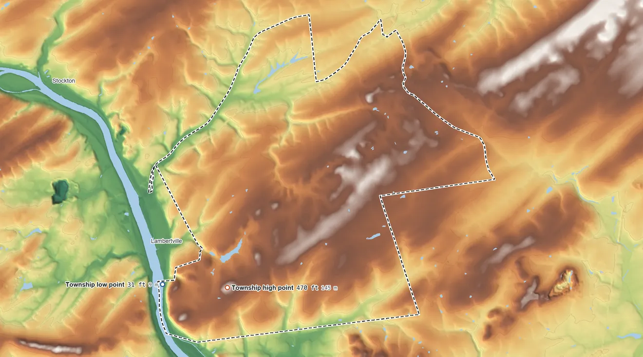 Topographic elevation map of West Amwell Township, New Jersey, shaded from 31 ft on the southwest side to 470 ft on the southwest side