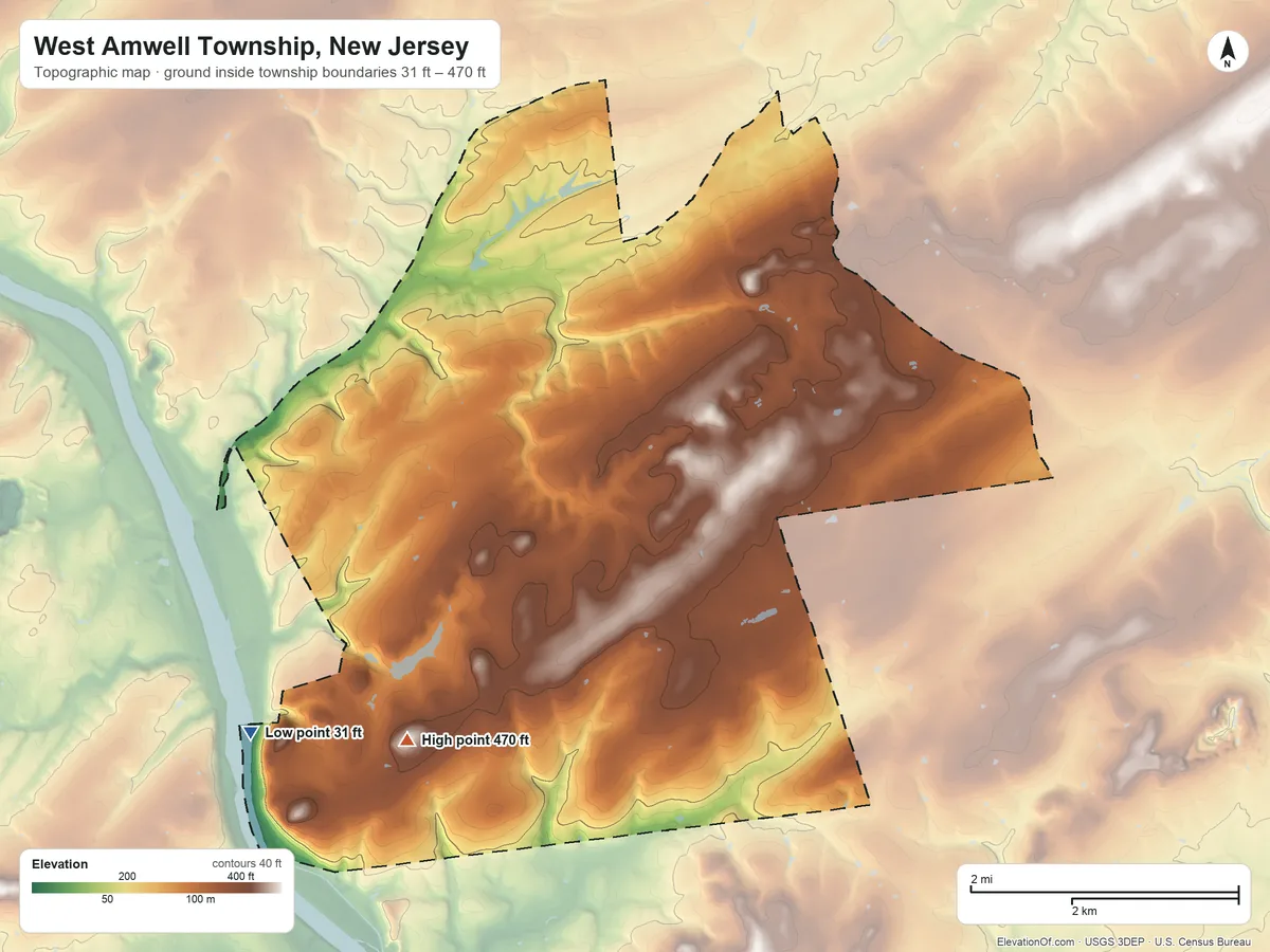 Topographic elevation map of West Amwell Township, New Jersey, shaded from 31 ft on the southwest side to 470 ft on the southwest side