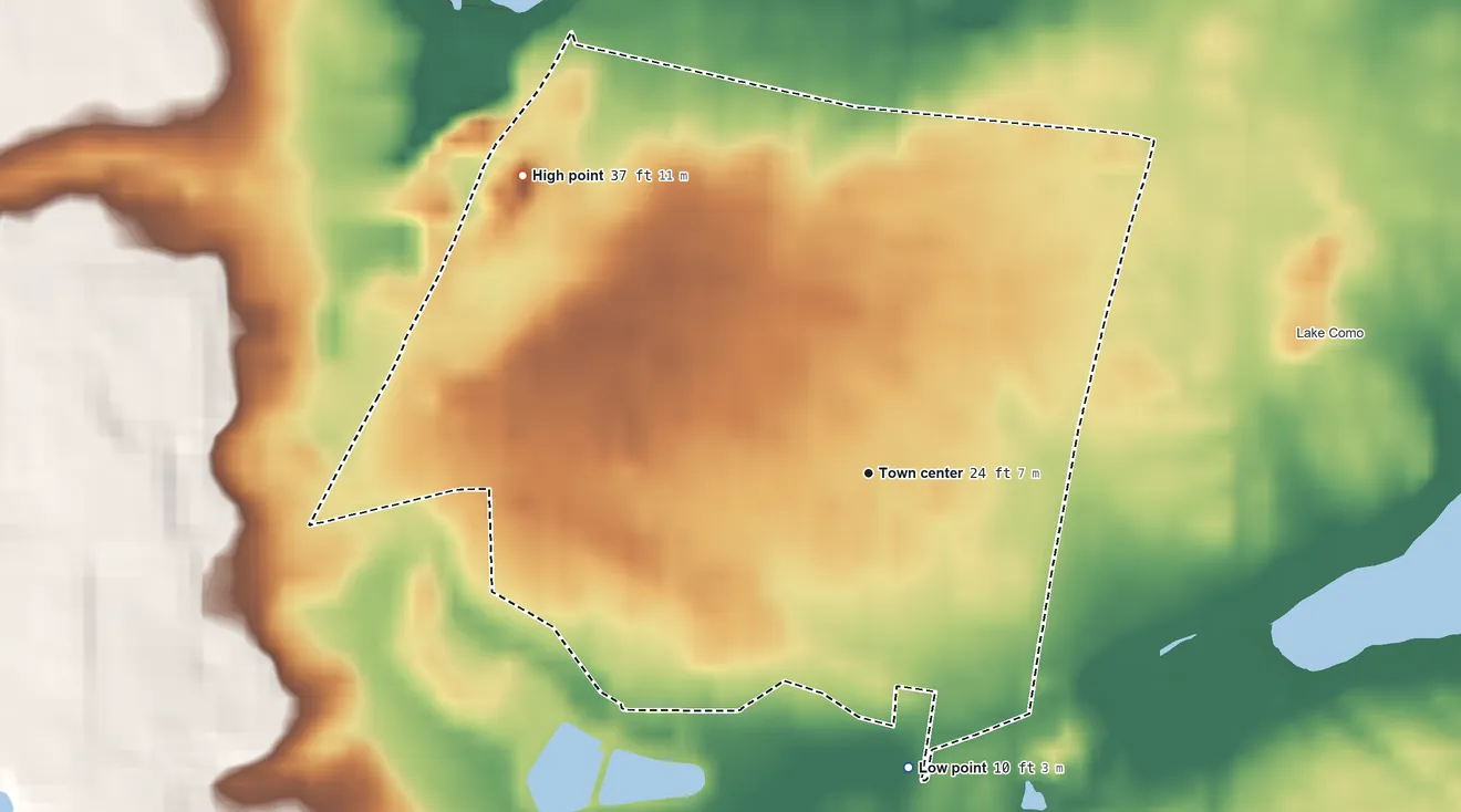 Topographic elevation map of West Belmar, New Jersey, shaded from 10 ft on the south side to 37 ft on the northwest side