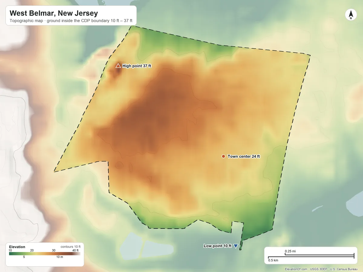Topographic elevation map of West Belmar, New Jersey, shaded from 10 ft on the south side to 37 ft on the northwest side