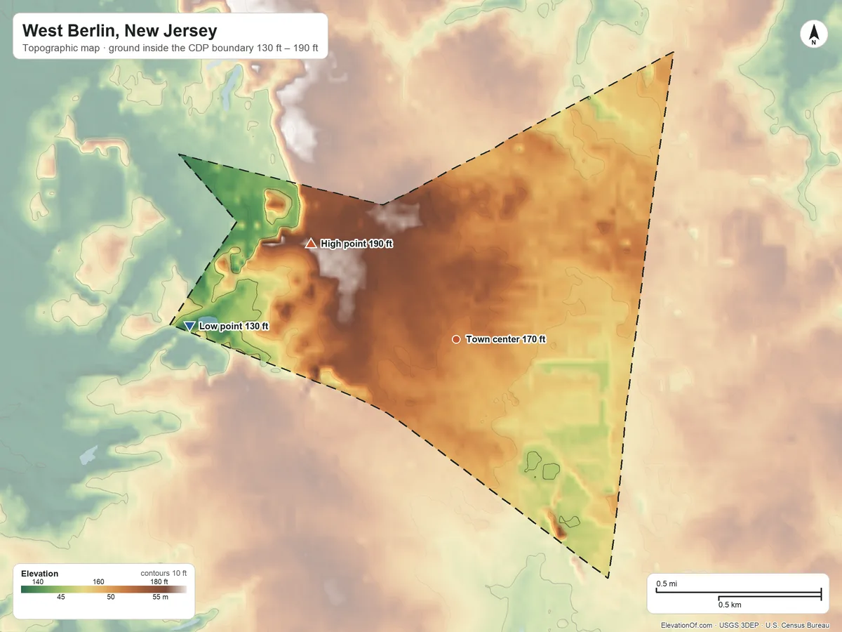 Topographic elevation map of West Berlin, New Jersey, shaded from 130 ft on the west side to 190 ft on the northwest side