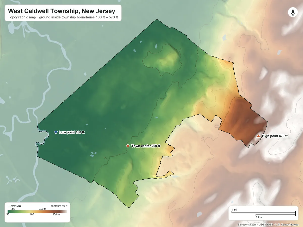 Topographic elevation map of West Caldwell Township, New Jersey, shaded from 160 ft on the west side to 570 ft on the east side