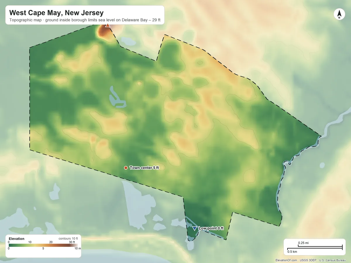 Topographic elevation map of West Cape May, New Jersey, shaded from sea level level on Delaware Bay to 29 ft on the north side