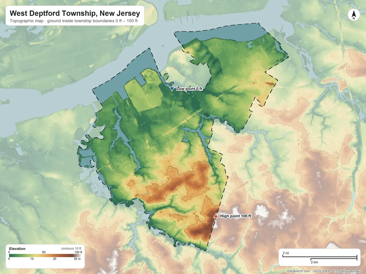 Topographic elevation map of West Deptford Township, New Jersey, shaded from 0 ft on the north side to 100 ft on the south side