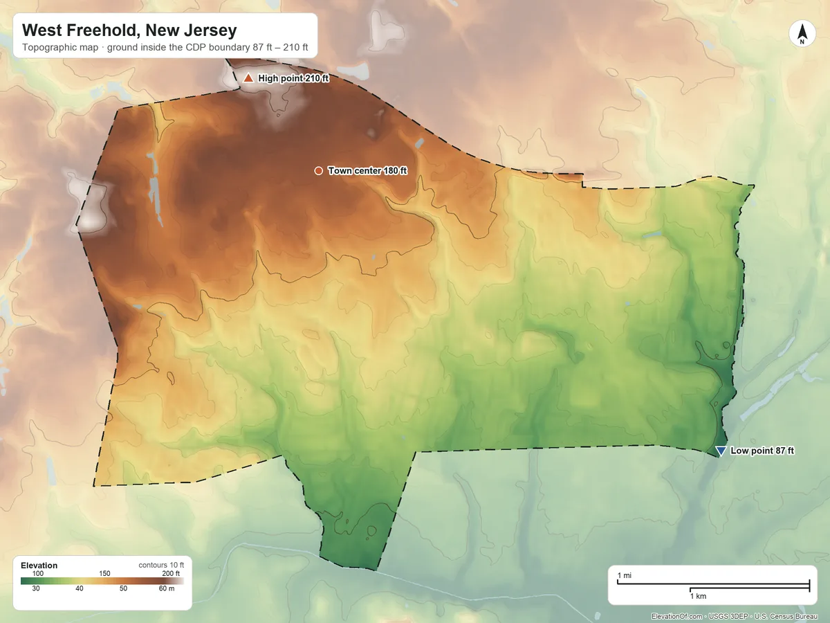 Topographic elevation map of West Freehold, New Jersey, shaded from 87 ft on the southeast side to 210 ft on the northwest side