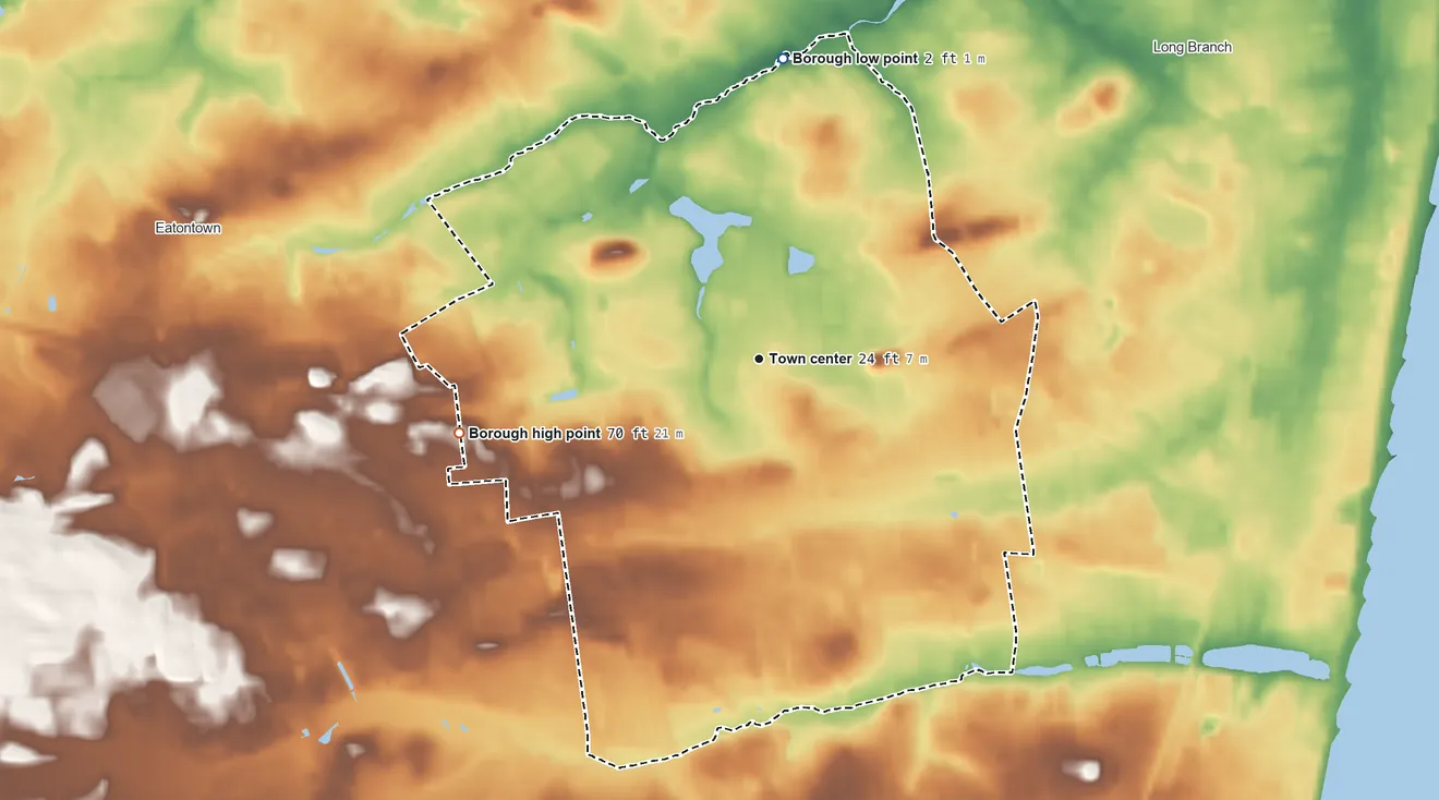 Topographic elevation map of West Long Branch, New Jersey, shaded from 2 ft on the north side to 70 ft on the west side