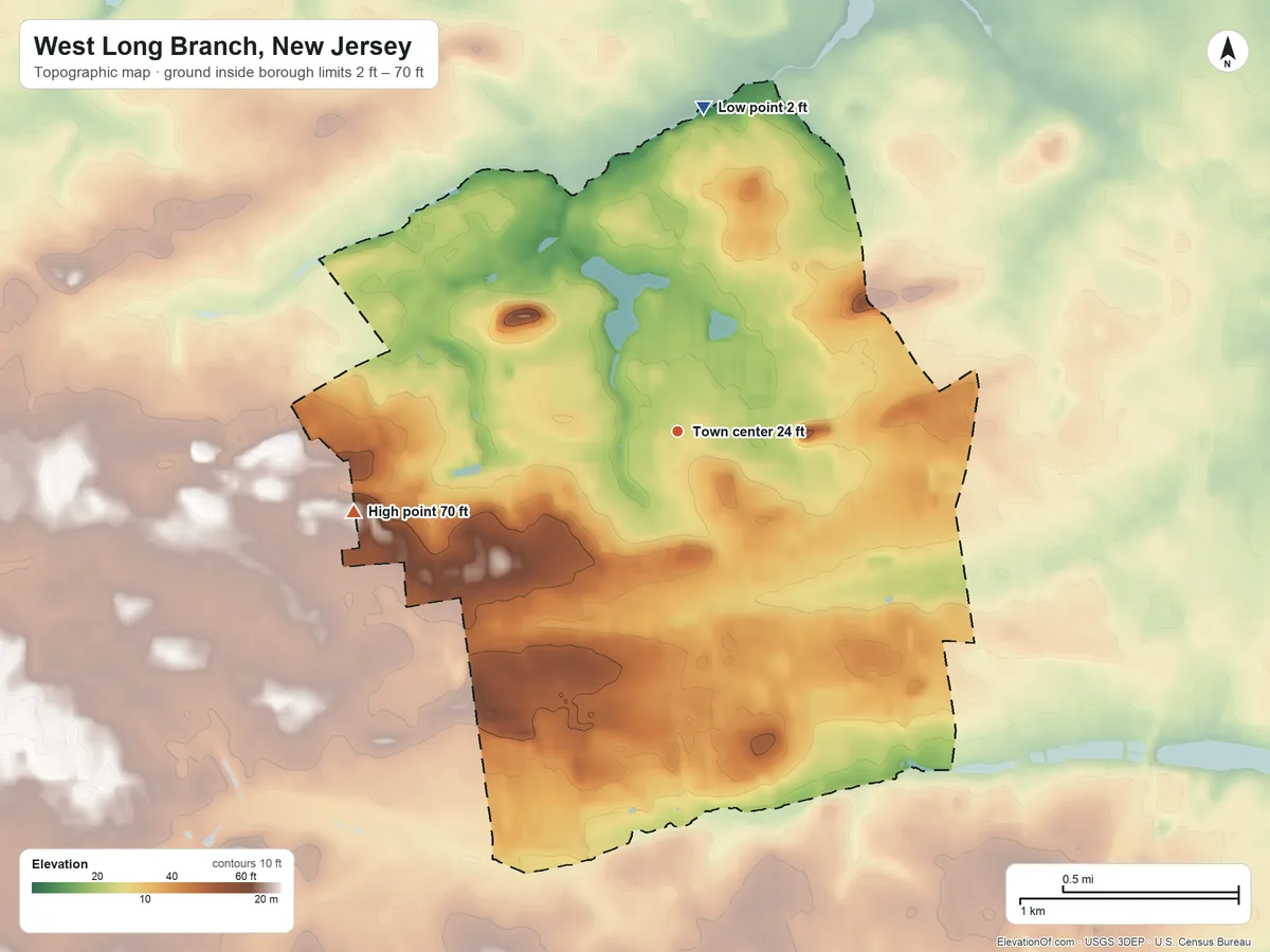 Topographic elevation map of West Long Branch, New Jersey, shaded from 2 ft on the north side to 70 ft on the west side