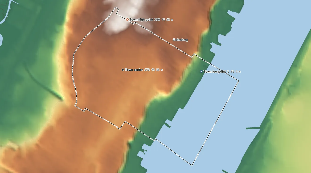 Topographic elevation map of West New York, New Jersey, shaded from 1 ft on the east side to 260 ft on the north side