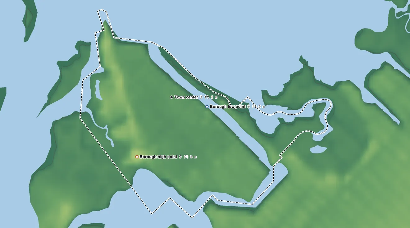 Topographic elevation map of West Wildwood, New Jersey, shaded from sea level level on Grassy Sound to 9 ft on the southwest side