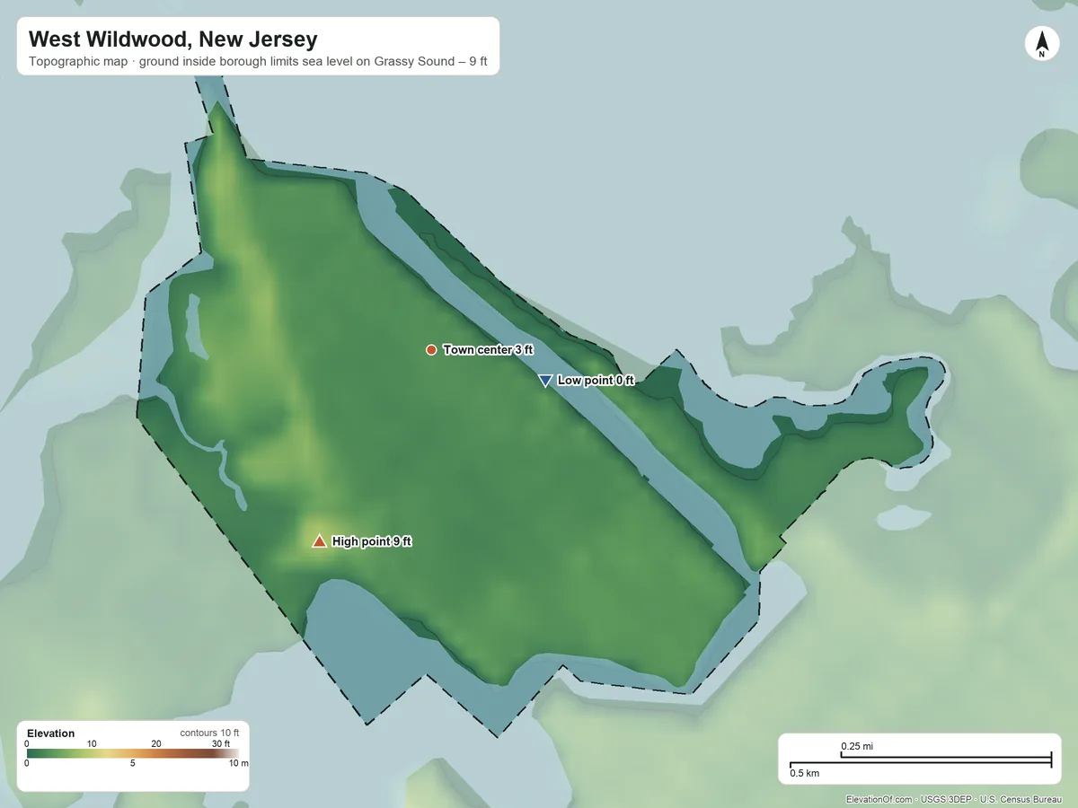 Topographic elevation map of West Wildwood, New Jersey, shaded from sea level level on Grassy Sound to 9 ft on the southwest side