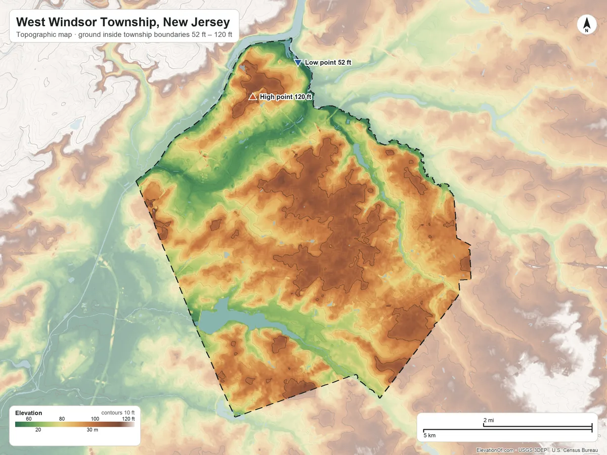 Topographic elevation map of West Windsor Township, New Jersey, shaded from 52 ft on the north side to 120 ft on the north side