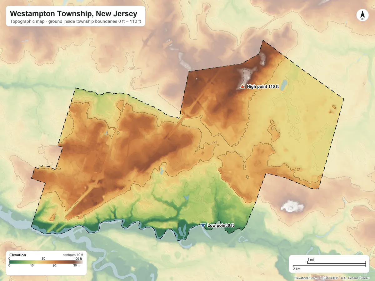 Topographic elevation map of Westampton Township, New Jersey, shaded from 0 ft on the southeast side to 110 ft on the northeast side