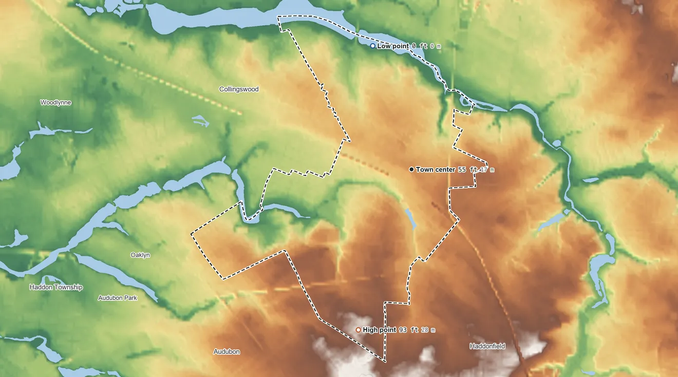 Topographic elevation map of Westmont, New Jersey, shaded from 0 ft on the north side to 93 ft on the south side
