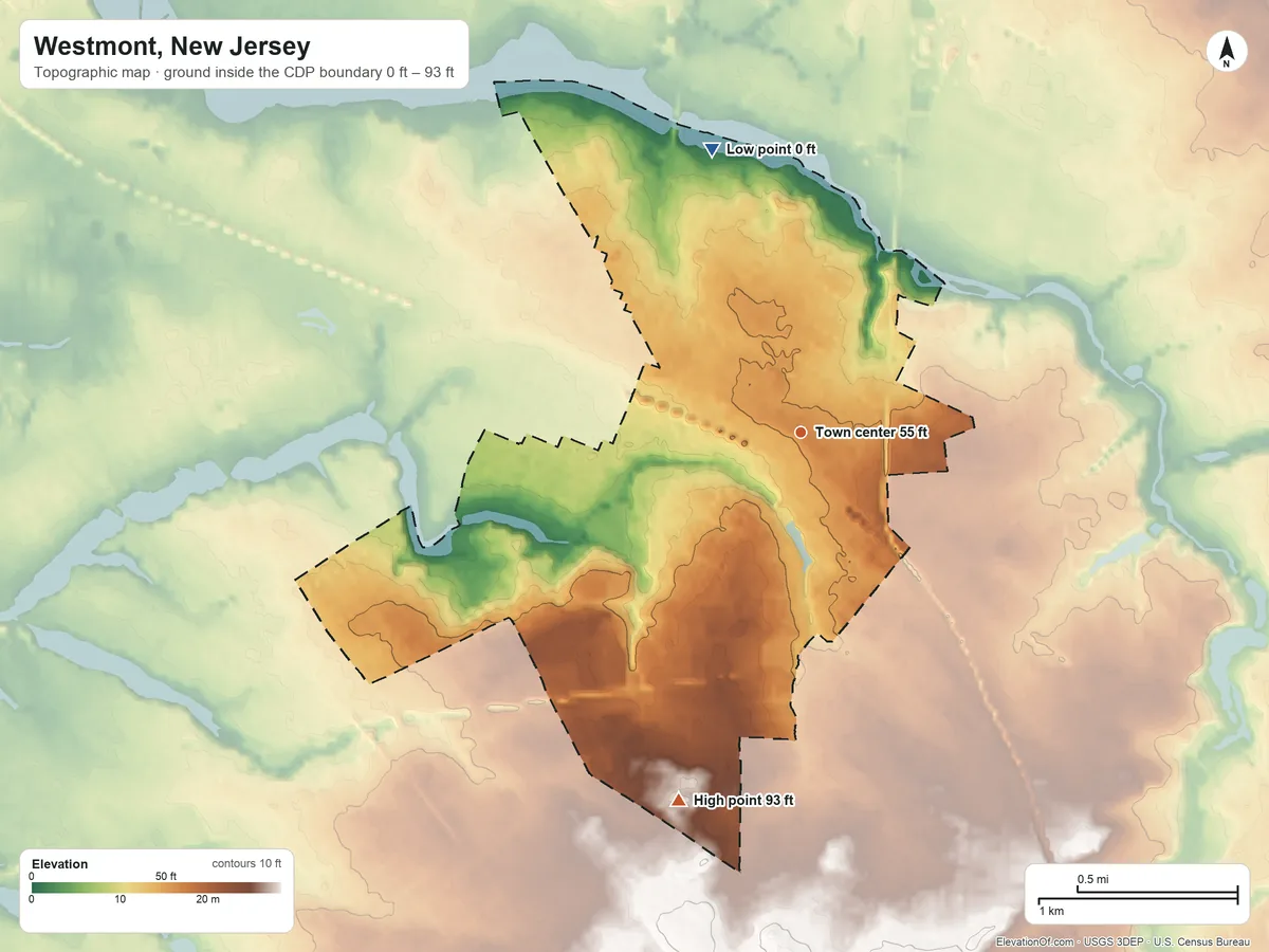 Topographic elevation map of Westmont, New Jersey, shaded from 0 ft on the north side to 93 ft on the south side