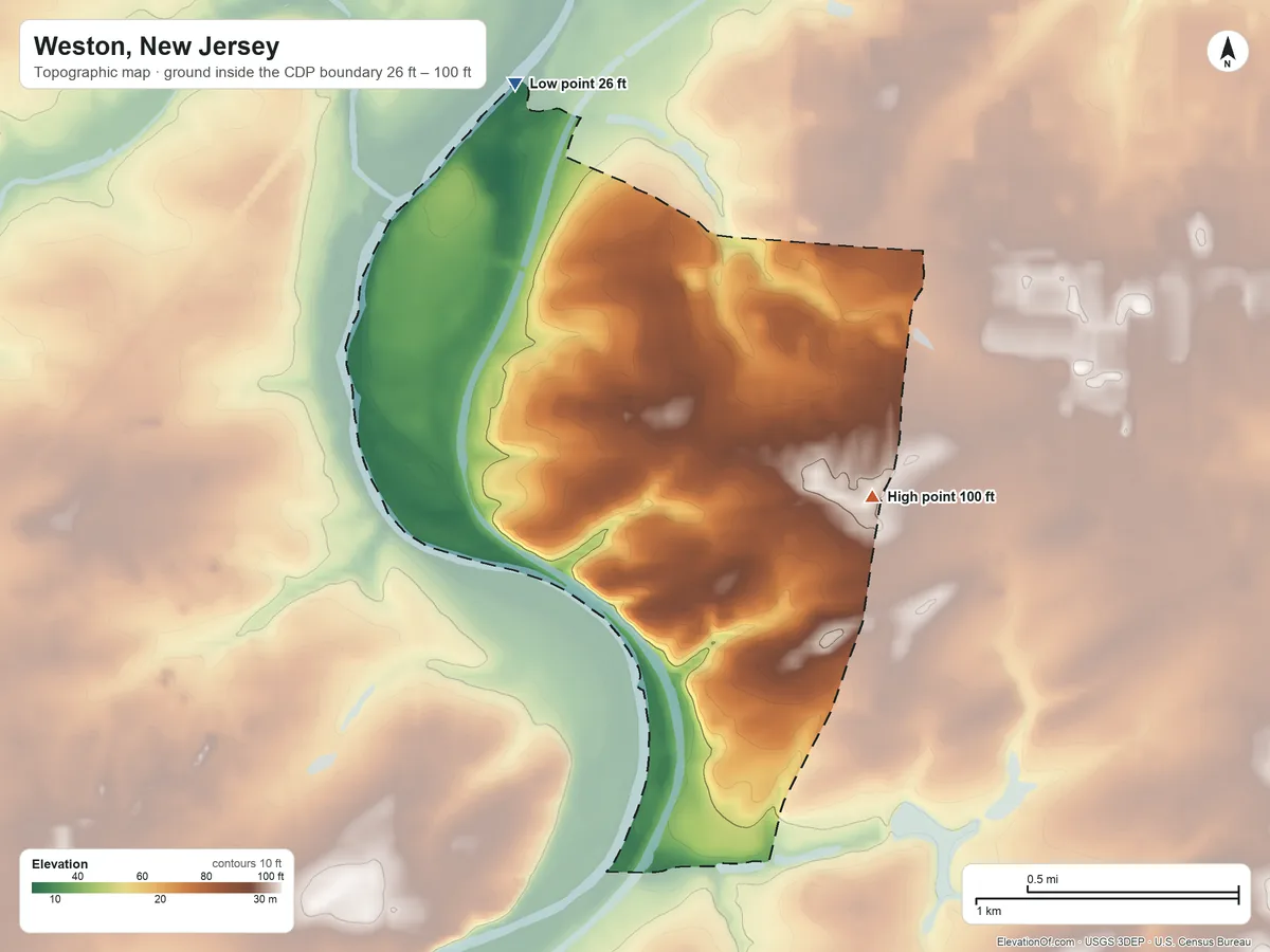 Topographic elevation map of Weston, New Jersey, shaded from 26 ft on the northwest side to 100 ft on the southeast side