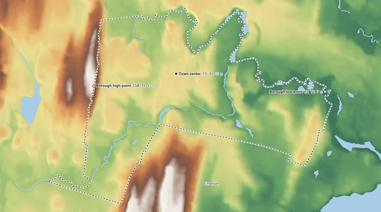 Topographic elevation map of Westwood, New Jersey, shaded from 22 ft on the east side to 150 ft on the west side