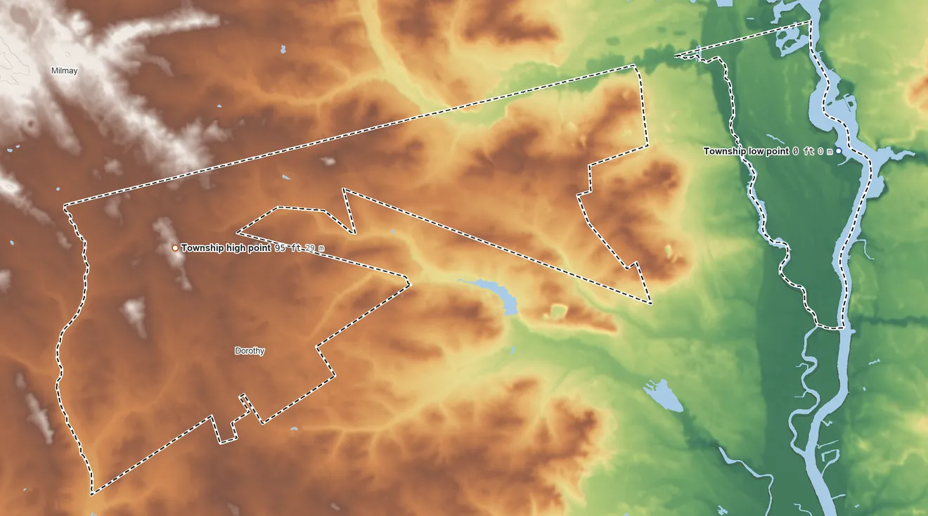 Topographic elevation map of Weymouth Township, New Jersey, shaded from 0 ft on the east side to 95 ft on the west side