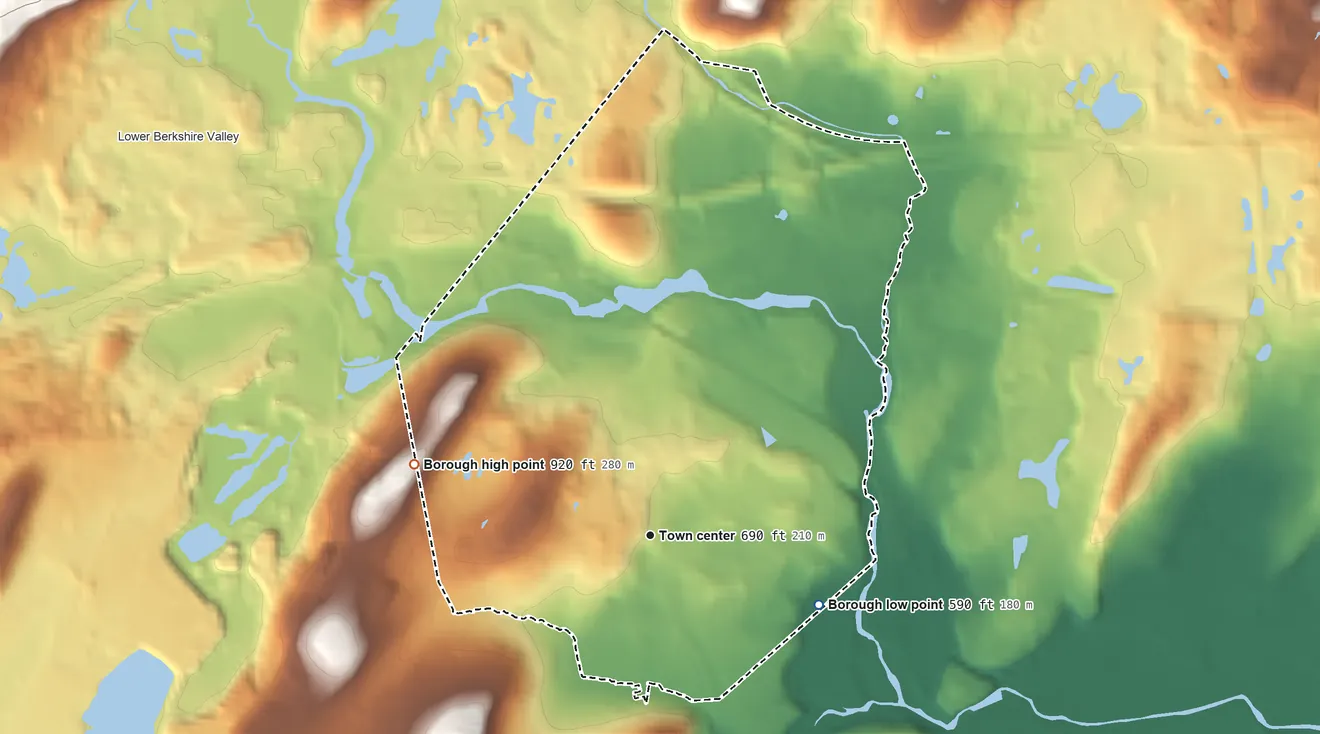 Topographic elevation map of Wharton, New Jersey, shaded from 590 ft on the east side to 920 ft on the west side