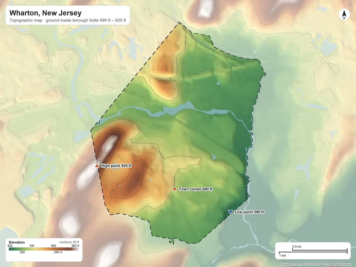 Topographic elevation map of Wharton, New Jersey, shaded from 590 ft on the east side to 920 ft on the west side