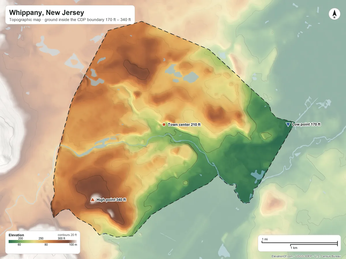 Topographic elevation map of Whippany, New Jersey, shaded from 170 ft on the east side to 340 ft on the southwest side