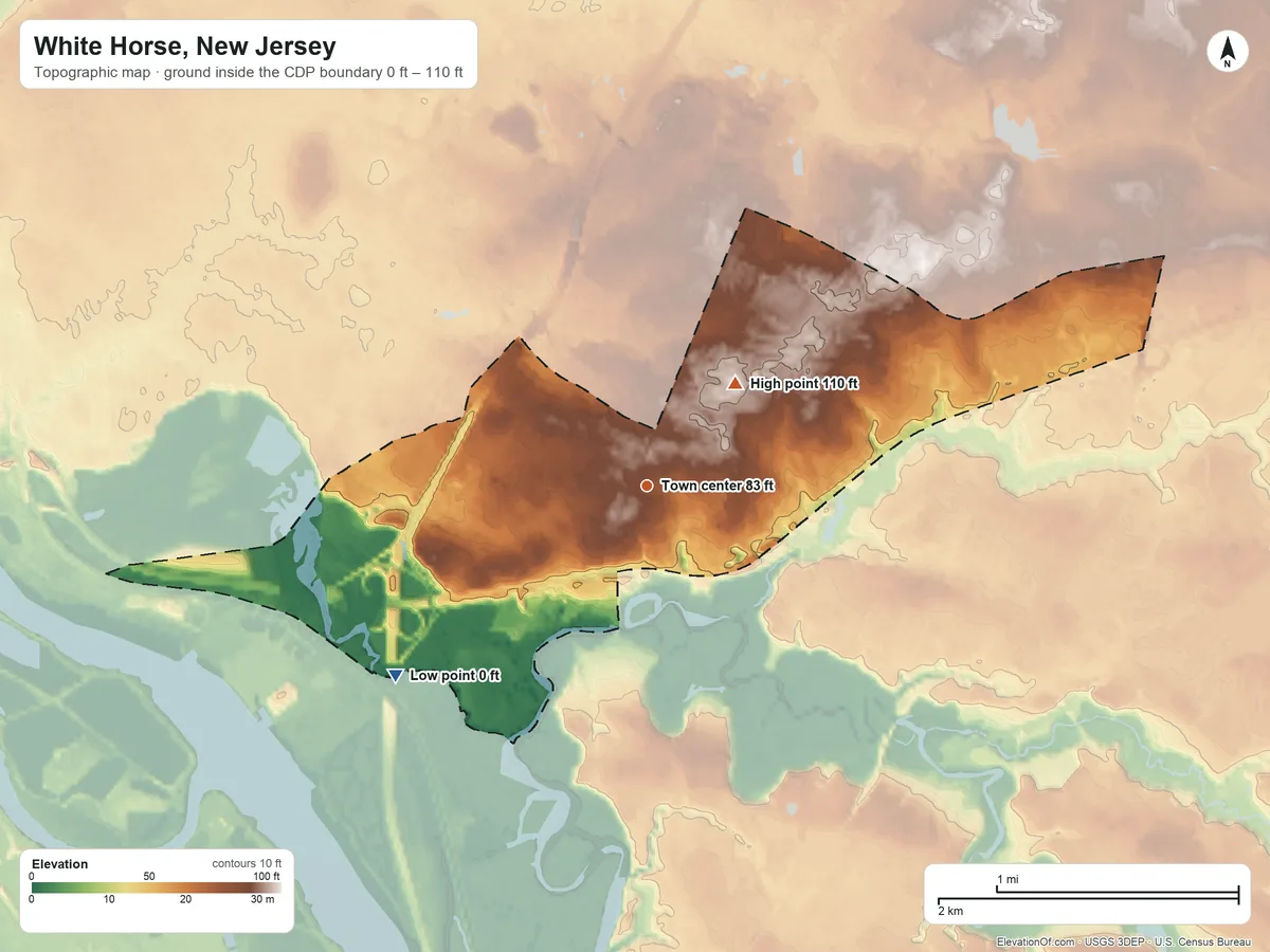 Topographic elevation map of White Horse, New Jersey, shaded from 0 ft on the southwest side to 110 ft on the northeast side