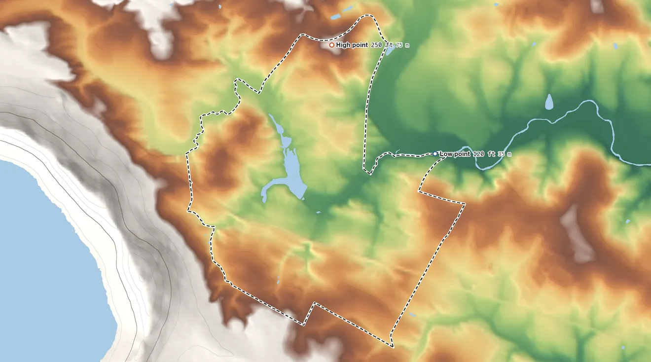 Topographic elevation map of White House Station, New Jersey, shaded from 120 ft on the northeast side to 250 ft on the north side