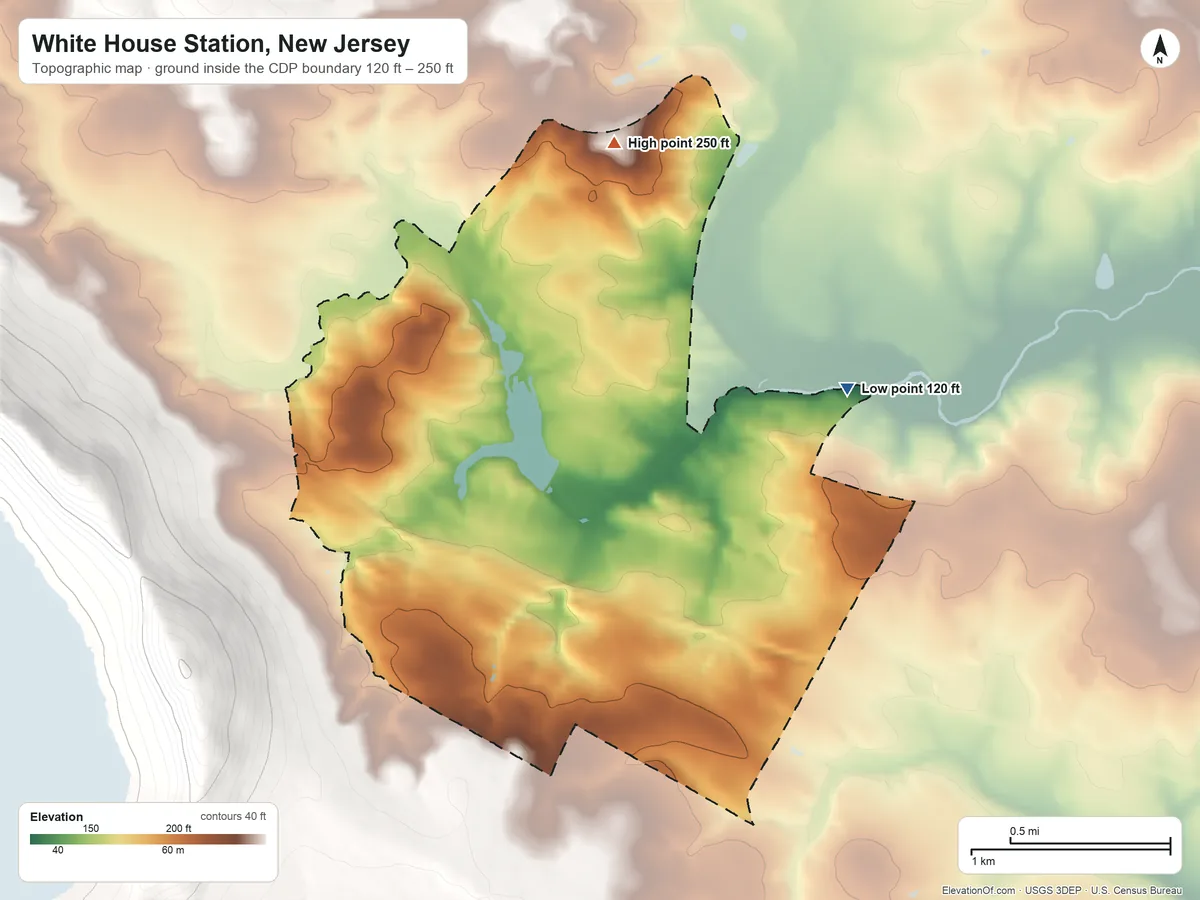 Topographic elevation map of White House Station, New Jersey, shaded from 120 ft on the northeast side to 250 ft on the north side