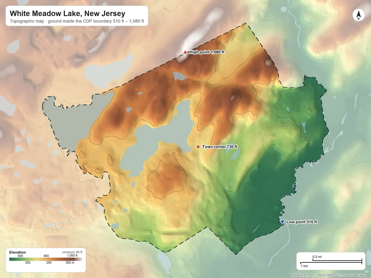 Topographic elevation map of White Meadow Lake, New Jersey, shaded from 510 ft on the southeast side to 1,080 ft on the north side
