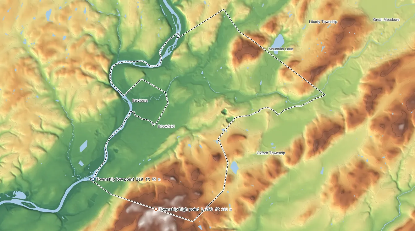 Topographic elevation map of White Township, New Jersey, shaded from 210 ft on the southwest side to 1,260 ft on the south edge, below higher ground just outside