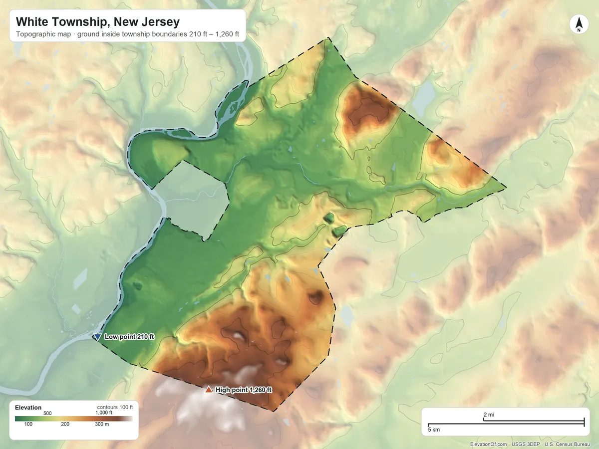 Topographic elevation map of White Township, New Jersey, shaded from 210 ft on the southwest side to 1,260 ft on the south edge, below higher ground just outside