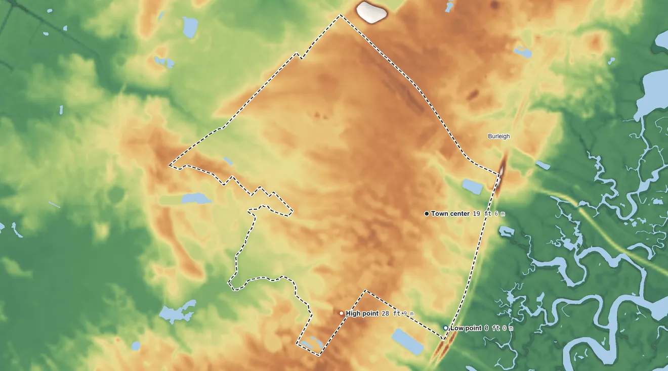 Topographic elevation map of Whitesboro, New Jersey, shaded from sea level level on Tempe Creek to 28 ft on the southwest side