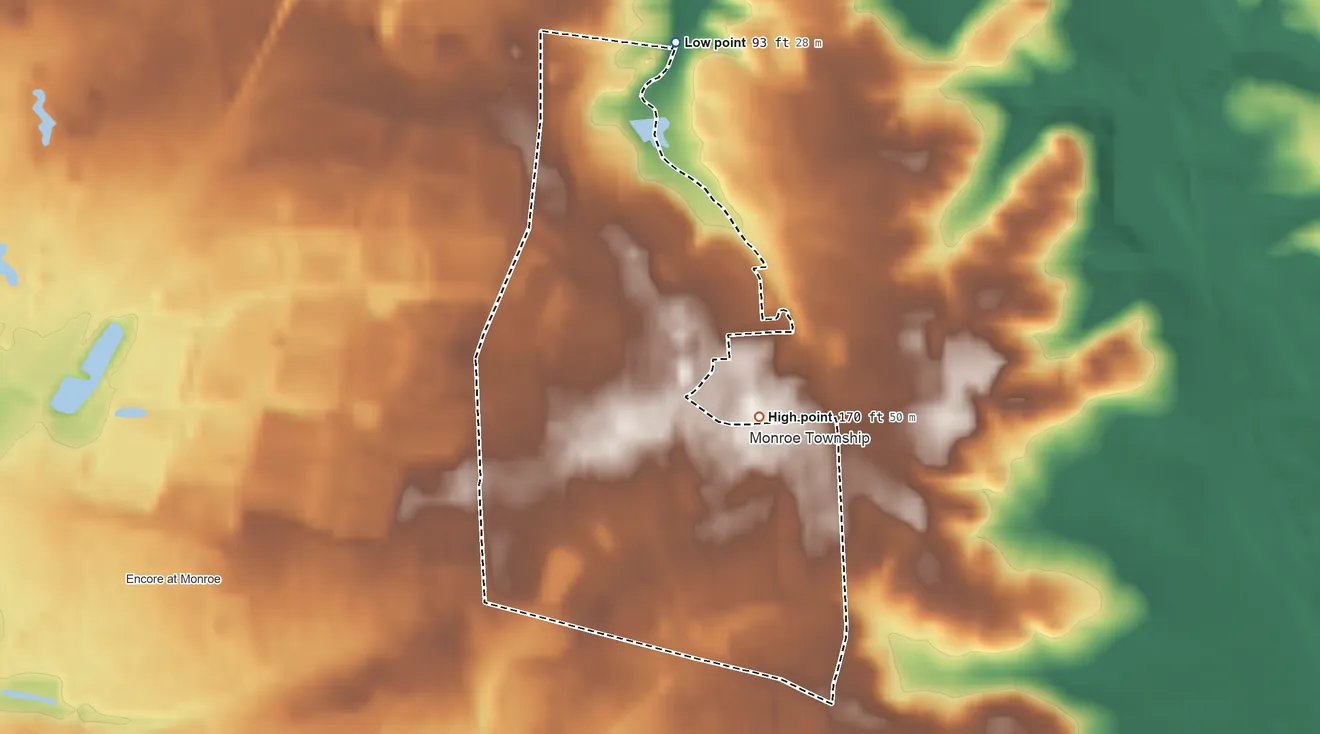 Topographic elevation map of Whittingham, New Jersey, shaded from 93 ft on the north side to 170 ft on the east side