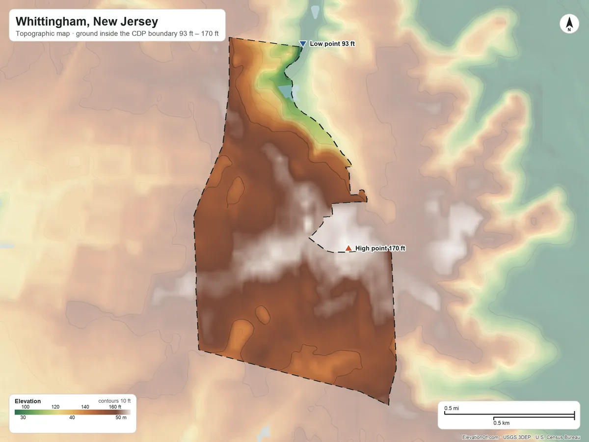Topographic elevation map of Whittingham, New Jersey, shaded from 93 ft on the north side to 170 ft on the east side