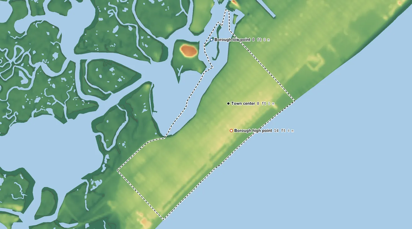 Topographic elevation map of Wildwood Crest, New Jersey, shaded from sea level level on Sunset Lake to 14 ft near the middle
