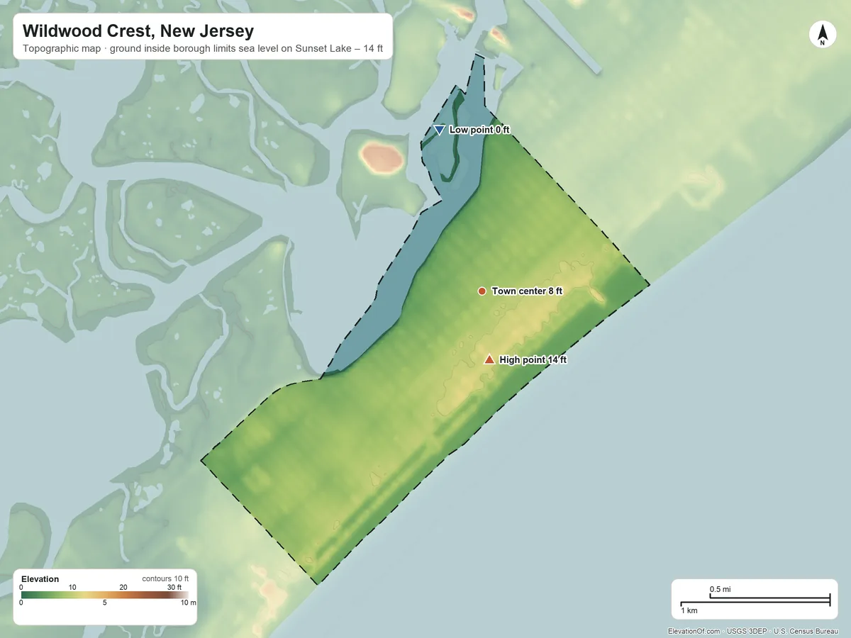 Topographic elevation map of Wildwood Crest, New Jersey, shaded from sea level level on Sunset Lake to 14 ft near the middle