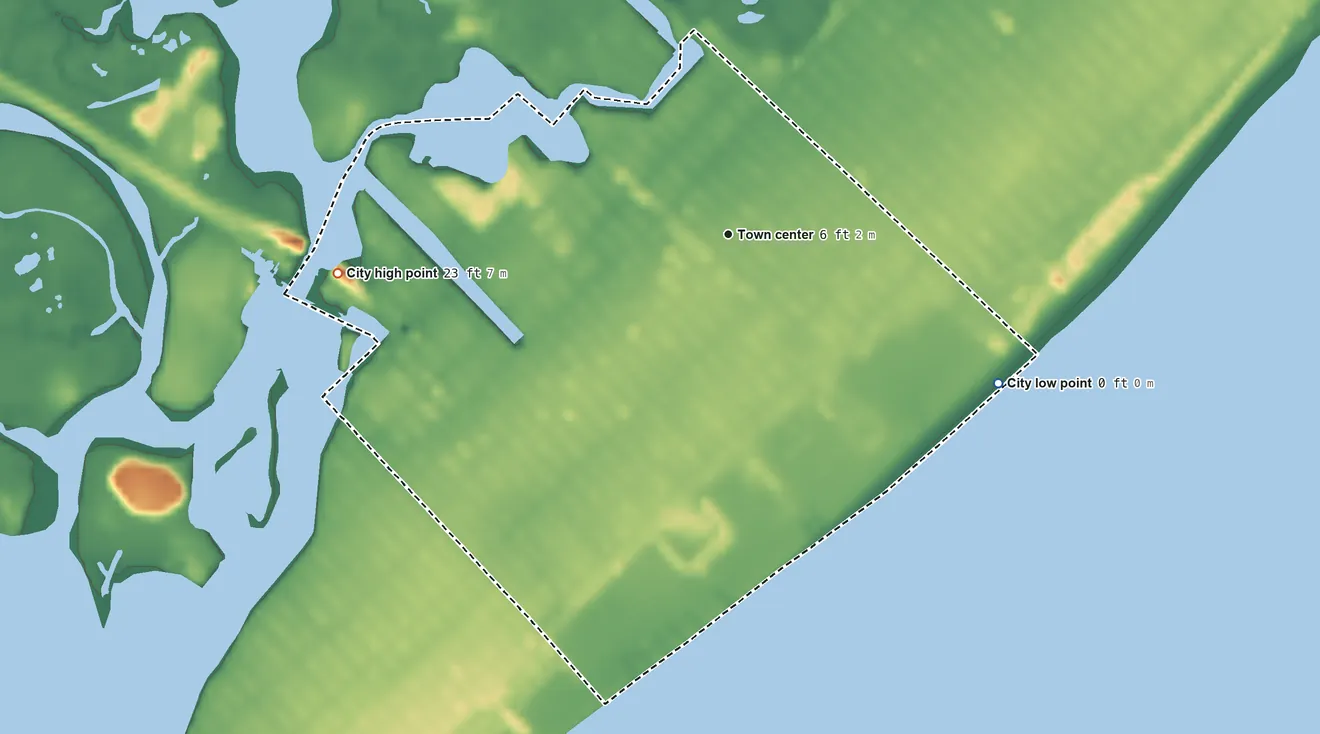 Topographic elevation map of Wildwood, New Jersey, shaded from sea level level on the Atlantic Ocean to 23 ft on the west side