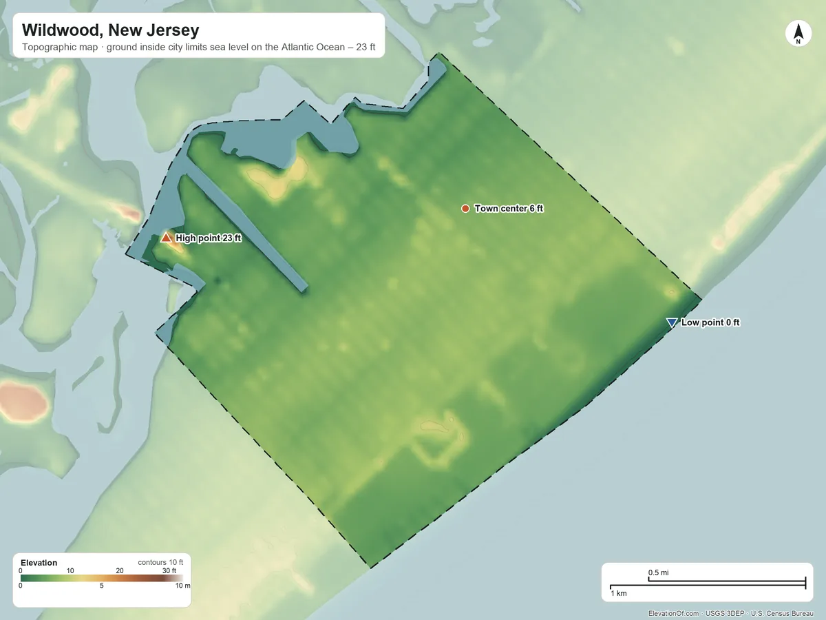 Topographic elevation map of Wildwood, New Jersey, shaded from sea level level on the Atlantic Ocean to 23 ft on the west side