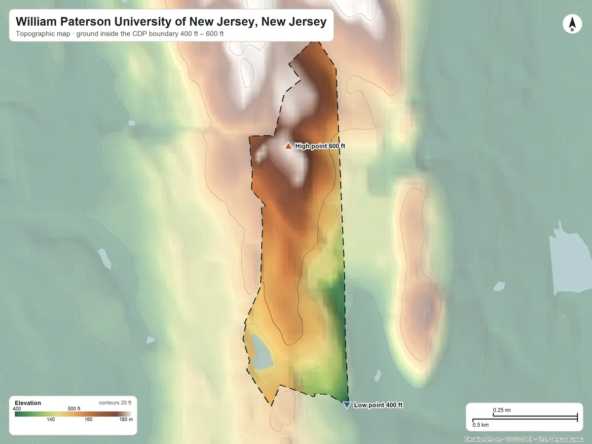Topographic elevation map of William Paterson University of New Jersey, New Jersey, shaded from 400 ft on the south side to 600 ft on the north side