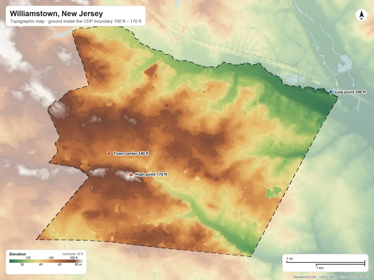 Topographic elevation map of Williamstown, New Jersey, shaded from 100 ft on the east side to 170 ft near the middle